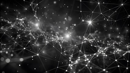 Poster - Abstract wave with moving dots and lines. Glowing white particles form delicate connections in a dark digital space