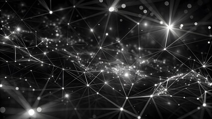 Poster - Abstract wave with moving dots and lines. Glowing white particles form delicate connections in a dark digital space