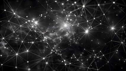 Poster - Abstract wave with moving dots and lines. Glowing white particles form delicate connections in a dark digital space