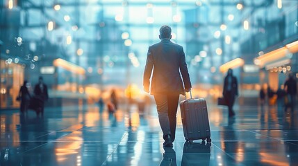 A businessman in a suit pulling a suitcase at an airport, with blurred people walking in the background. a business travel concept.