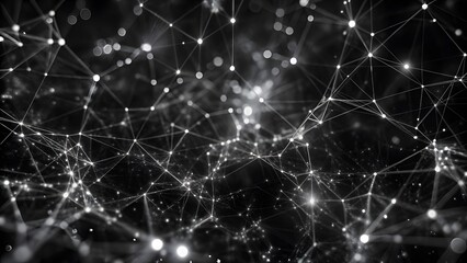 Poster - Abstract wave with moving dots and lines. Glowing white particles form delicate connections in a dark digital space
