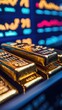 © Kitta Studio - Close-up of gold bars against a blurred background featuring stock market graphs and data. Symbol of wealth and investment.