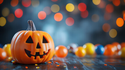 Festive Halloween Banner with Pumpkins and Dark Glowing Background. AI generated illustration