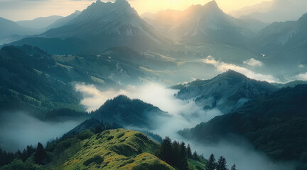 Poster - A majestic mountain range at sunrise with mist rolling through the valleys.