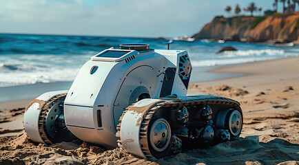 A robotic vehicle with tracks, a white body and a blue, urgently cleaning sand from a beach.