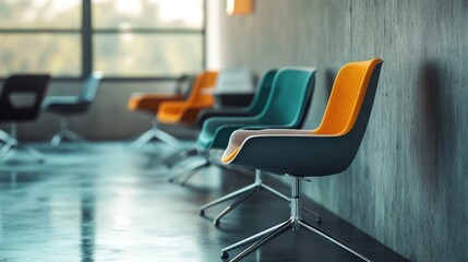 Modern office with chairs lined up. One is lit differently, symbolizing an open opportunity for joining the team.