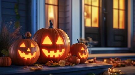 Carved Halloween pumpkins with glowing faces placed on the front porch at night, accompanied by flickering candles near a house in the soft evening light. The scene captures the spooky and festive spi