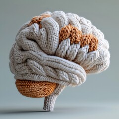 Aufkleber - Human brain knitted with wool, pastel light background.