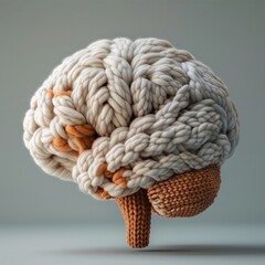 Aufkleber - Human brain knitted with wool, pastel light background.