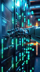 Poster - Futuristic robot hand interacts with a digital server, showcasing advanced technology and innovation in data management.