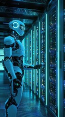 Poster - Futuristic robot interacting with advanced server technology in a cybernetic environment, showcasing innovation and artificial intelligence.