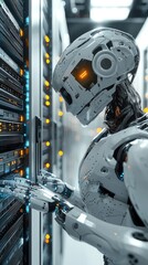 Poster - Futuristic robot interacting with data servers in a high-tech data center, showcasing advanced technology and automation.