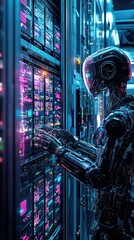 Poster - Futuristic robot interacting with data servers in a high-tech environment, showcasing advanced technology and digital infrastructure.
