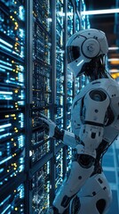 Poster - Futuristic robot interacting with digital server technology in a high-tech environment, showcasing advanced automation.