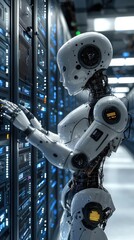 Poster - Futuristic robot interacts with server equipment in a data center, showcasing advanced technology and automation in a digital environment.