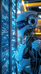 Poster - Futuristic robot interface technology with glowing elements, displaying advanced circuits and vibrant colors in a digital environment.