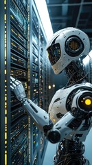 Poster - Futuristic robot managing data servers, showcasing advanced technology and automation in a digital environment.