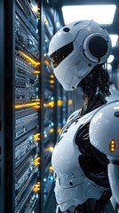 Poster - Futuristic robot standing beside a high-tech server rack, showcasing advanced technology and innovation in artificial intelligence.