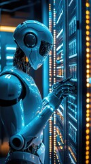 Poster - Futuristic robotic figure interacting with a high-tech control panel surrounded by glowing lights and advanced technology.
