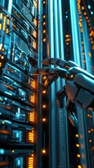 Poster - Futuristic robotic hand interacting with illuminated server technology in a data center environment.