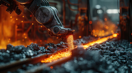 Poster - Robotic arm delicately extracting glowing red metal from a furnace, every movement precise and calculated.