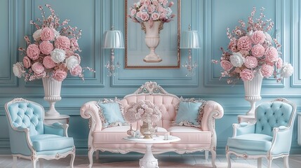 Fototapete - A Victorian living room in pastel pink and blue colors with pastel wall paintings and pastel sofa chairs. A vintage table in the middle holds a pastel lamp on top and beautiful flowers in a vase.