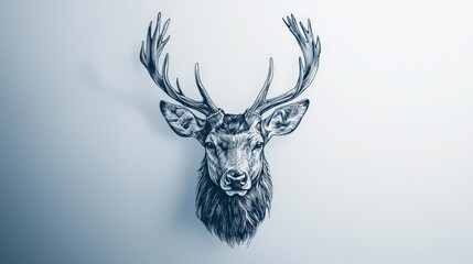 Wall Mural - pen and ink sketch, head of deer with full antlers, white background