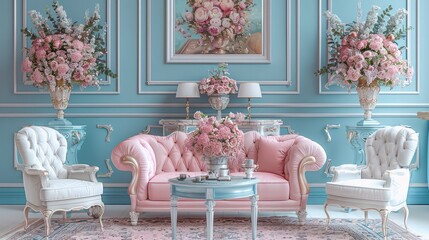 Fototapete - A Victorian living room in pastel pink and blue colors with pastel wall paintings and pastel sofa chairs. A vintage table in the middle holds a pastel lamp on top and beautiful flowers in a vase.