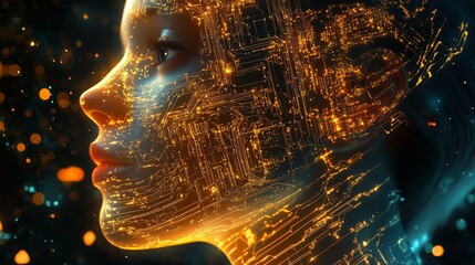 Poster - A futuristic digital representation of a human face illuminated by intricate circuits and glowing patterns, showcasing technology and art