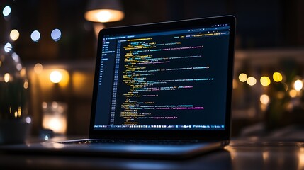 Developer coding late at night with colorful lines of code on a laptop screen. Perfect for programming, software development, and tech-related content.