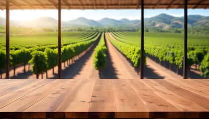 Wall Mural - Vibrant wooden table top in an office setting with a blurred city view in the background