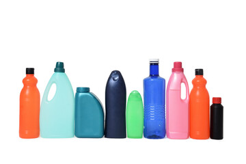 line of a group of plastic bottles for recycling on white background