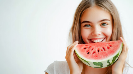 cute girl eating watermelon isolated white background high resolution high details vibrant