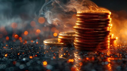 Finance and investment concept. Investment return. Gold coins stack on dark background with thin smoke.