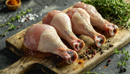 Fresh chicken drumsticks arranged on a wooden board, surrounded by herbs and spices, ready for cooking.