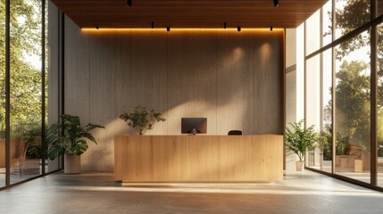 Poster - Light wood front desk in an office waiting room, minimalist decor, LED lighting above, and large clear windows adding brightness