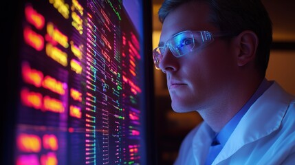 Poster - Dedicated geneticist focuses intently on DNA sequences displayed on a vibrant computer screen, showcasing the precision and detail involved in modern scientific research.