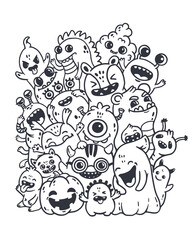 Wall Mural - set of funny cartoon monsters. poster in doodle style. halloween coloring book with a monster. black