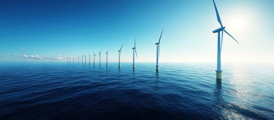 Wall Mural - Offshore Wind Turbines Aligned in the Ocean Under a Clear Blue Sky on a Sunny Day, Renewable Energy and Sustainable Power Generation