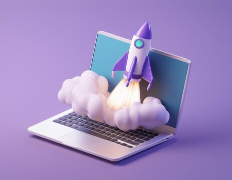 3D rocket blasting off from a laptop through fluffy clouds