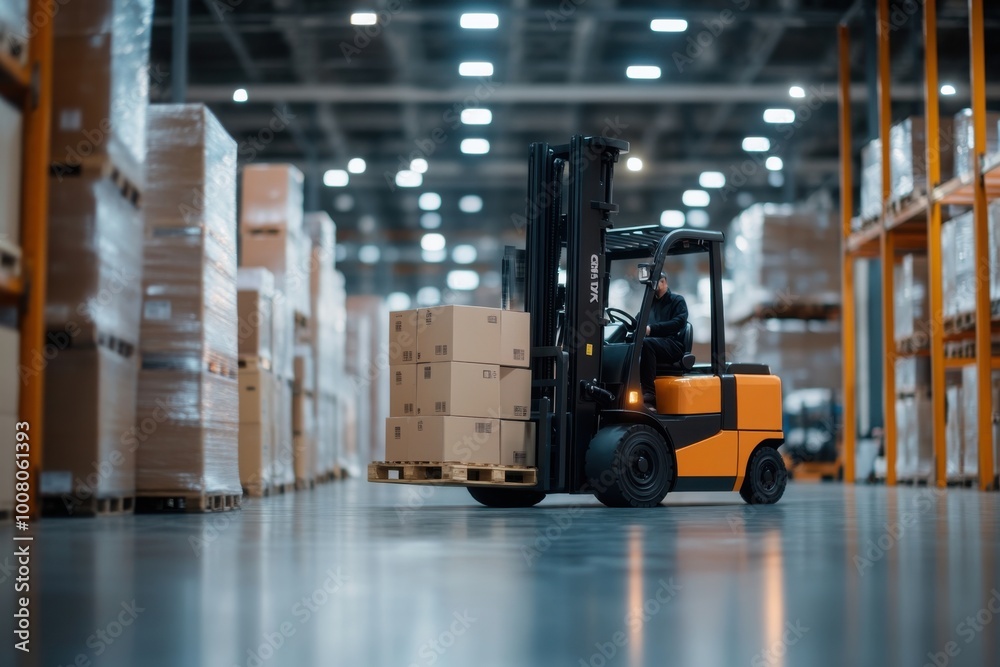 Warehouse worker driving forklift carrying cardboard boxes in logistics ...