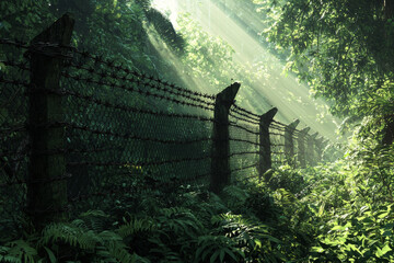 Wall Mural - A sunlit forest scene featuring a barbed wire fence, surrounded by lush greenery and shafts of light filtering through the trees.