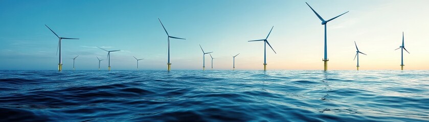 Wall Mural - Stunning Offshore Wind Farm at Sunset with Turbines Generating Renewable Energy Over Calm Ocean Waters Under a Clear Sky