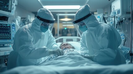 Doctors in Protective Suits Working with Patient. Two doctors in protective suits attend to a patient in a hospital setting, illustrating safety protocols in healthcare during critical situations.