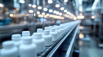 Poster - modern medical production line showcases bottles moving on a conveyor belt, highlighting advanced ma