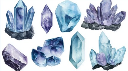 Poster - a collection of beautifully detailed amethyst and quartz crystals on a white background showcasing t