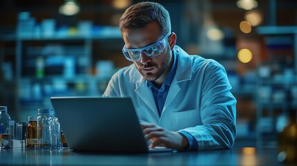 Fototapete - Engineer works on a laptop in a modern laboratory, wearing glasses and a professional lab coat. The setting highlights innovation and technology in scientific research.