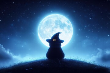 Silhouette of a Witch Under a Full Moon: An enchanting silhouette of a witch under a full moon, casting a magical spell on the night. The image evokes a sense of wonder and mystery.