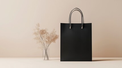 Sticker - Simple black shopping bag placed next to a vase of dried flowers on a neutral background in a modern setting