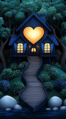 Poster - Heart-Shaped Tree House in Surreal Watercolor Style